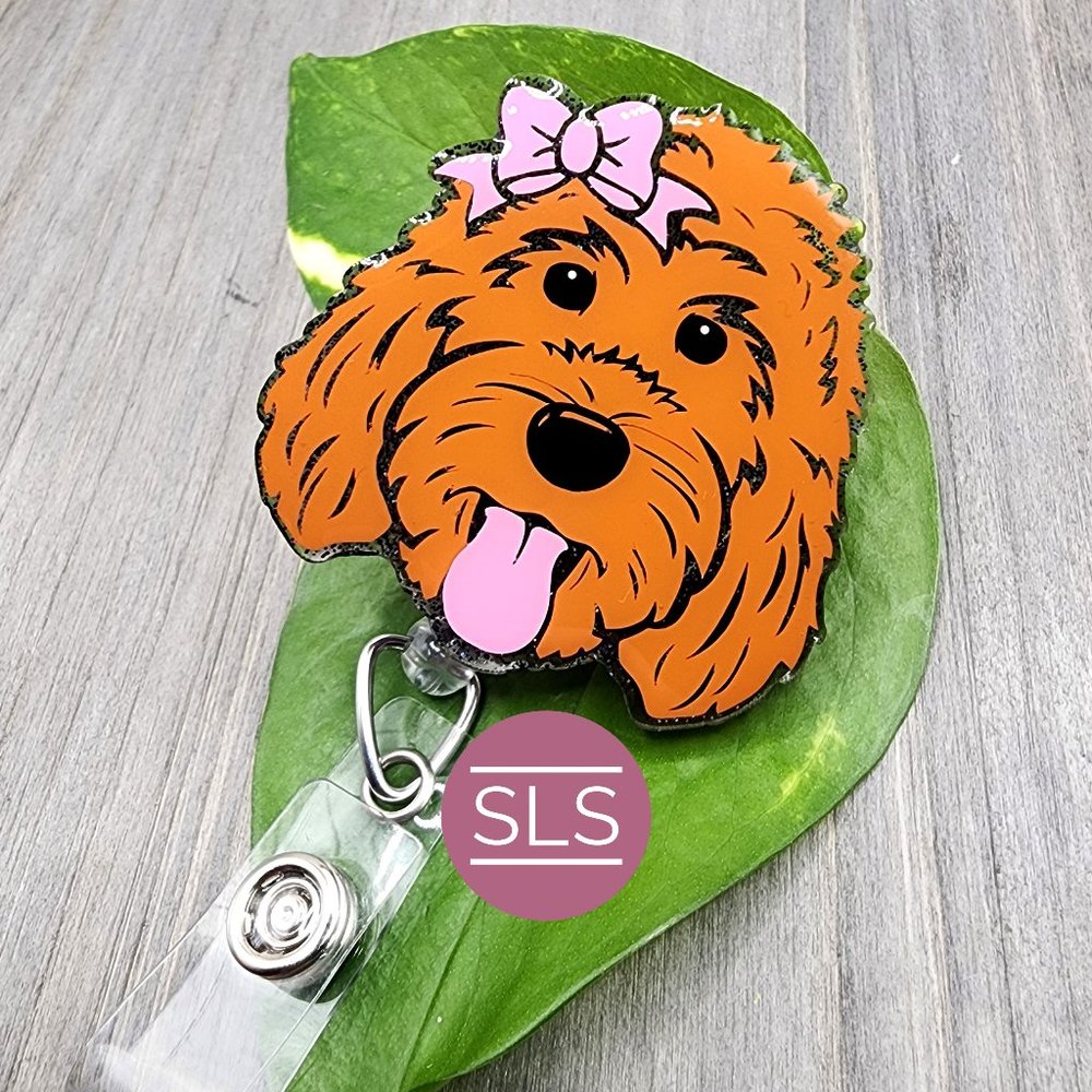 Red Poodle Badge Reel With Bow- Toy Poodle-Brown Doodle ID Holder